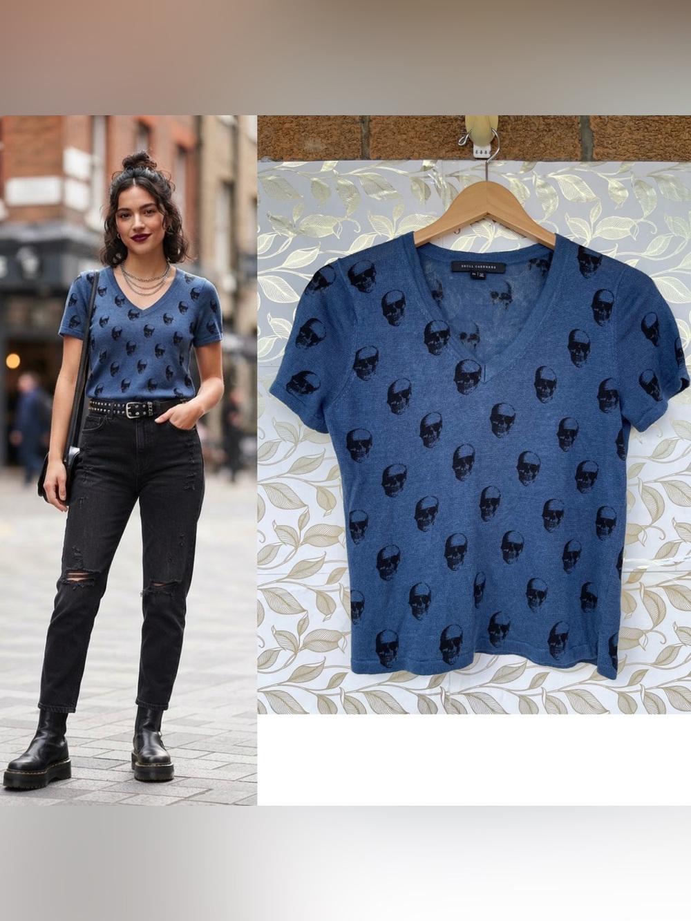 Skull Cashmere 100% Linen Skull Pattern V-Neck Tee Blue Size XS Indie Sleaze